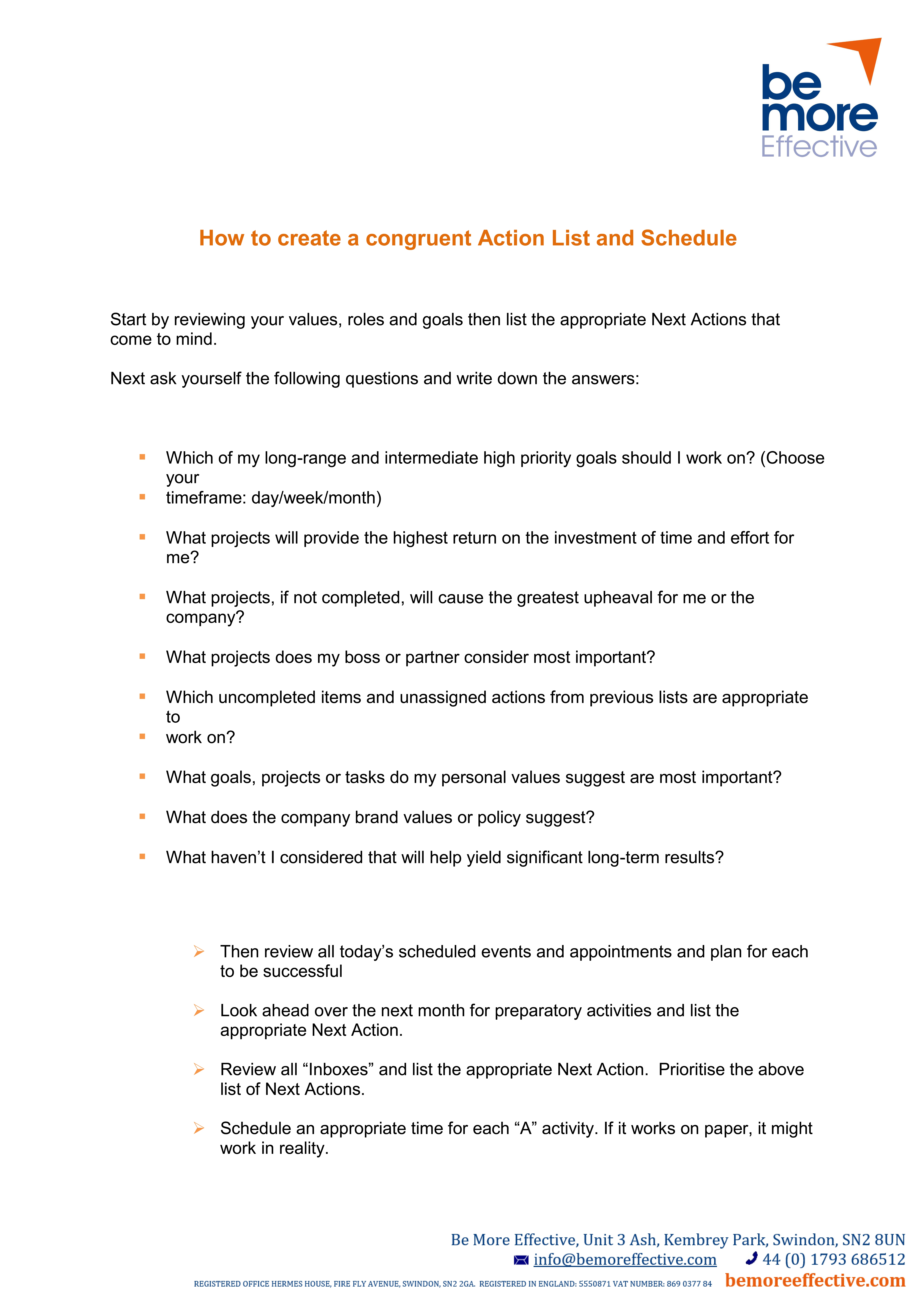 How to create a congruent Action List and Schedule